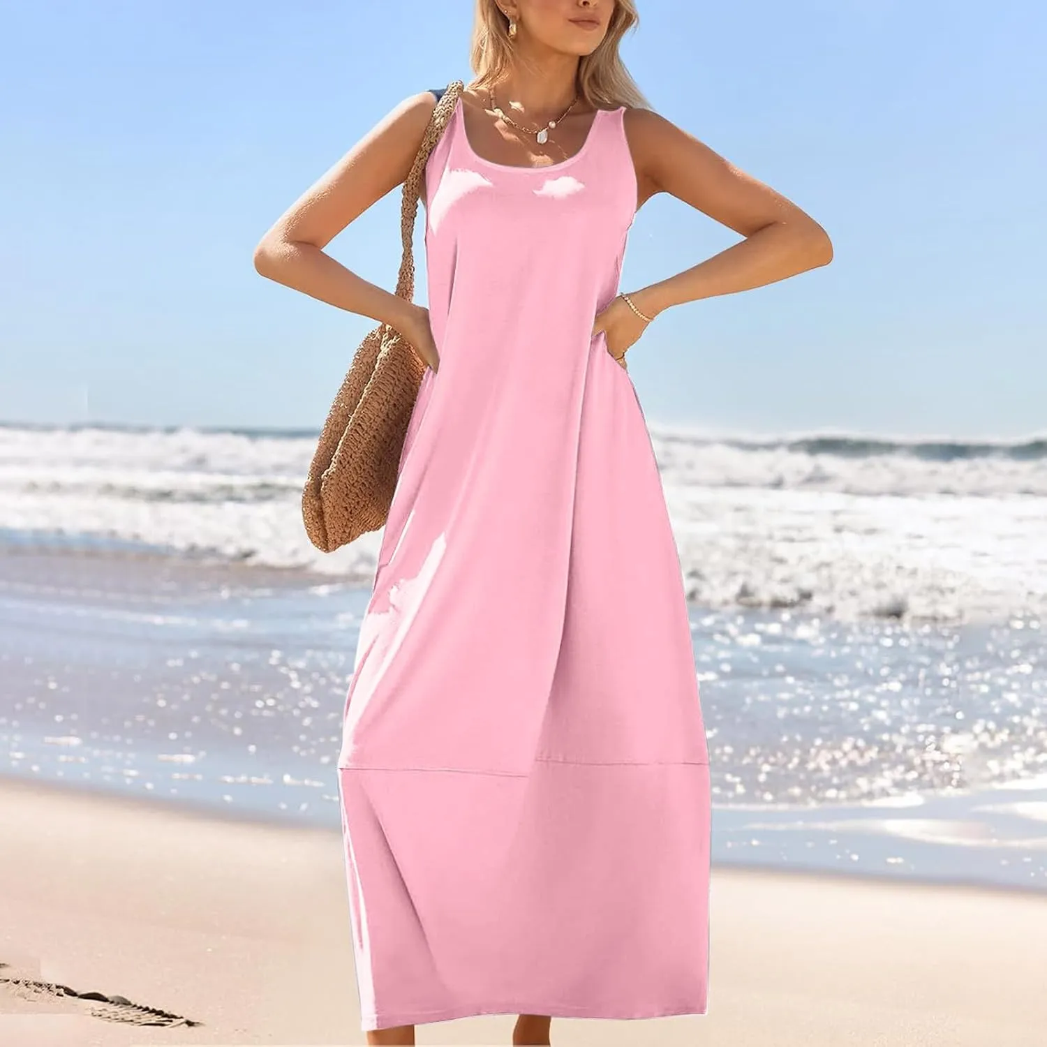 Summer Dresses for Women 2025,Dressy Casual Maxi Dresses Beach Vacation Scoop Neck Solid Spring undresses