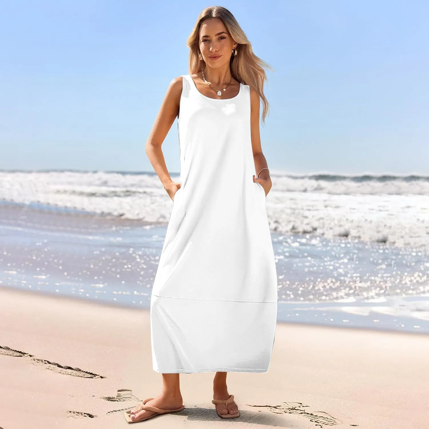 Summer Dresses for Women 2025,Dressy Casual Maxi Dresses Beach Vacation Scoop Neck Solid Spring undresses