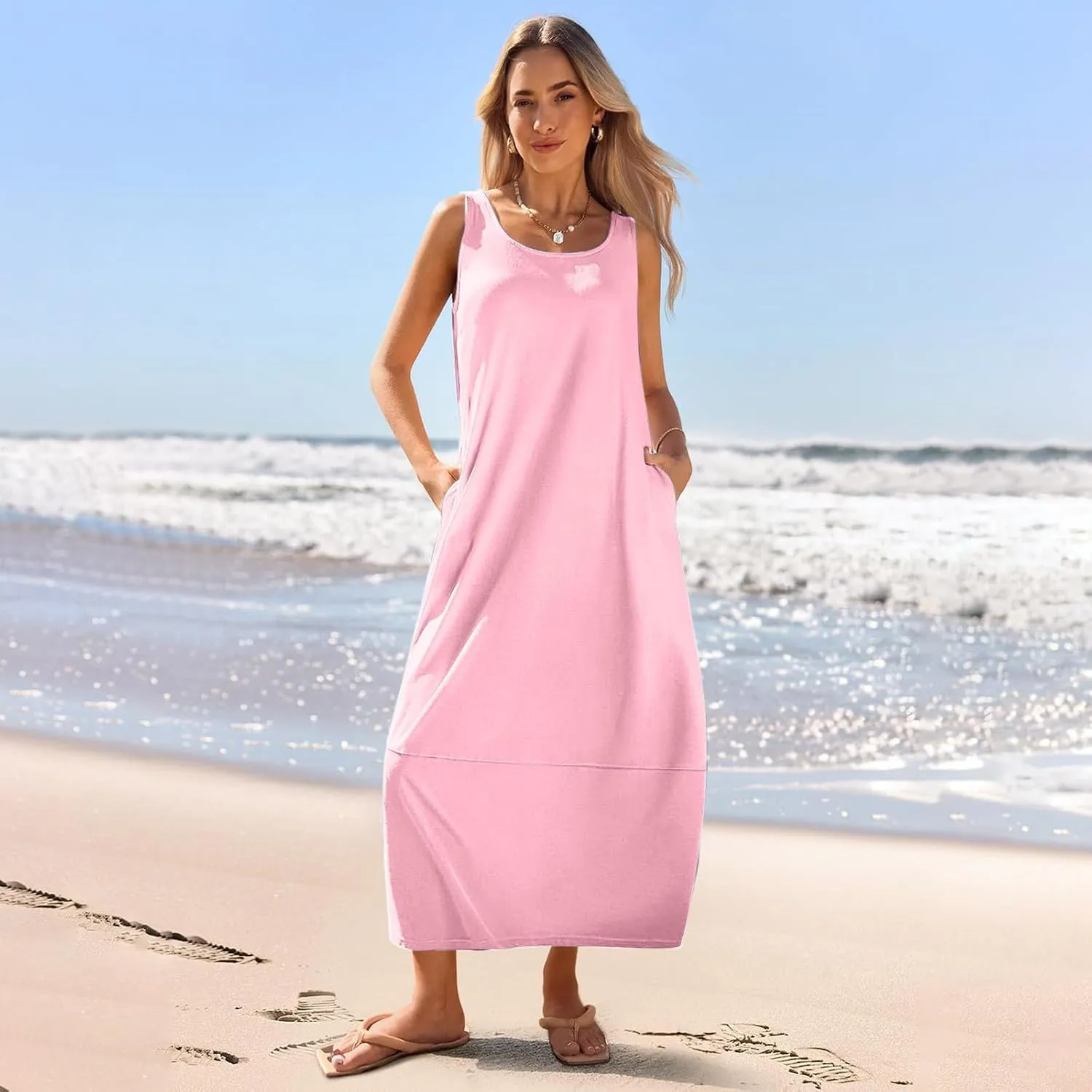 Summer Dresses for Women 2025,Dressy Casual Maxi Dresses Beach Vacation Scoop Neck Solid Spring undresses