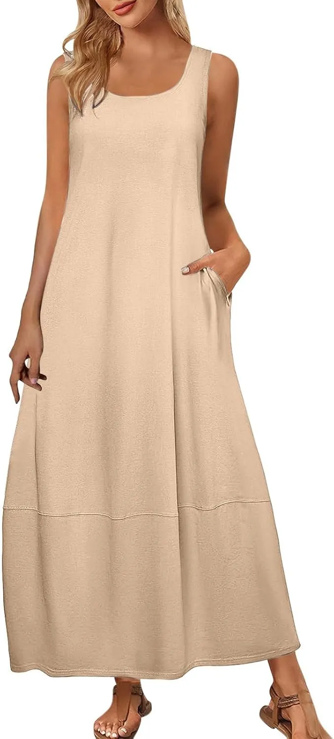Summer Dresses for Women 2025,Dressy Casual Maxi Dresses Beach Vacation Scoop Neck Solid Spring undresses