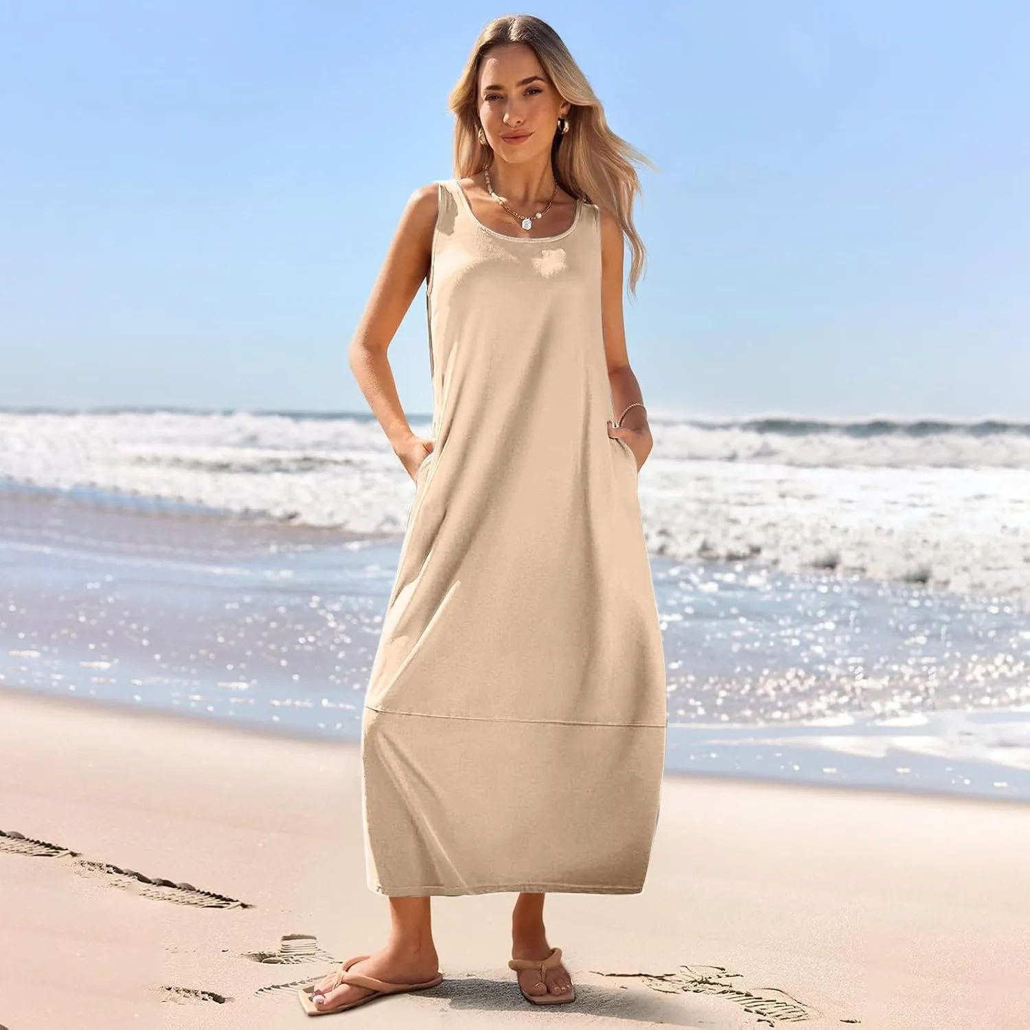 Summer Dresses for Women 2025,Dressy Casual Maxi Dresses Beach Vacation Scoop Neck Solid Spring undresses
