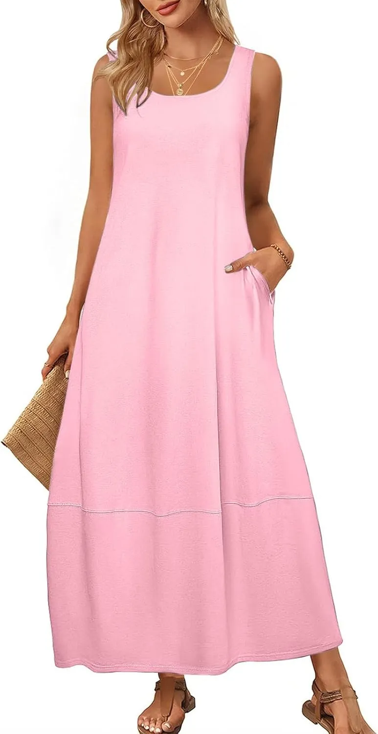 Summer Dresses for Women 2025,Dressy Casual Maxi Dresses Beach Vacation Scoop Neck Solid Spring undresses