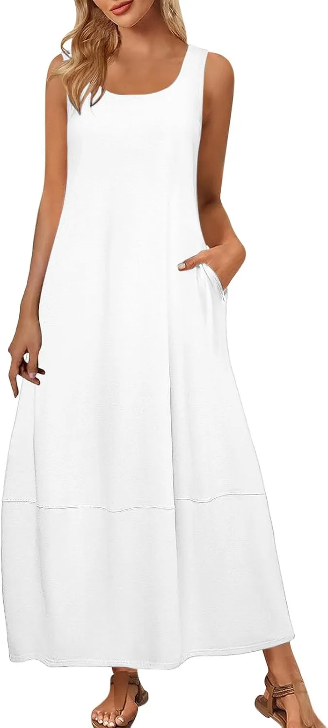 Summer Dresses for Women 2025,Dressy Casual Maxi Dresses Beach Vacation Scoop Neck Solid Spring undresses
