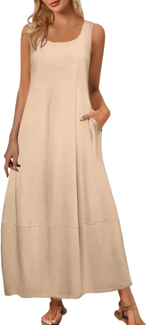 Summer Dresses for Women 2025,Dressy Casual Maxi Dresses Beach Vacation Scoop Neck Solid Spring undresses
