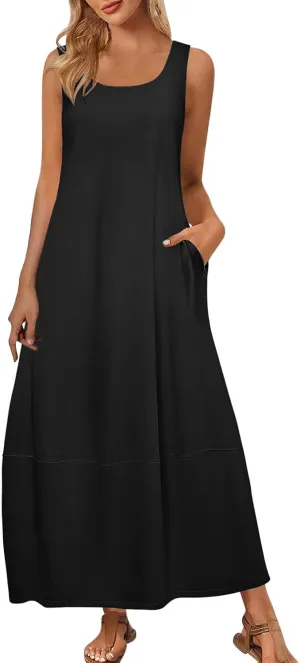 Summer Dresses for Women 2025,Dressy Casual Maxi Dresses Beach Vacation Scoop Neck Solid Spring undresses