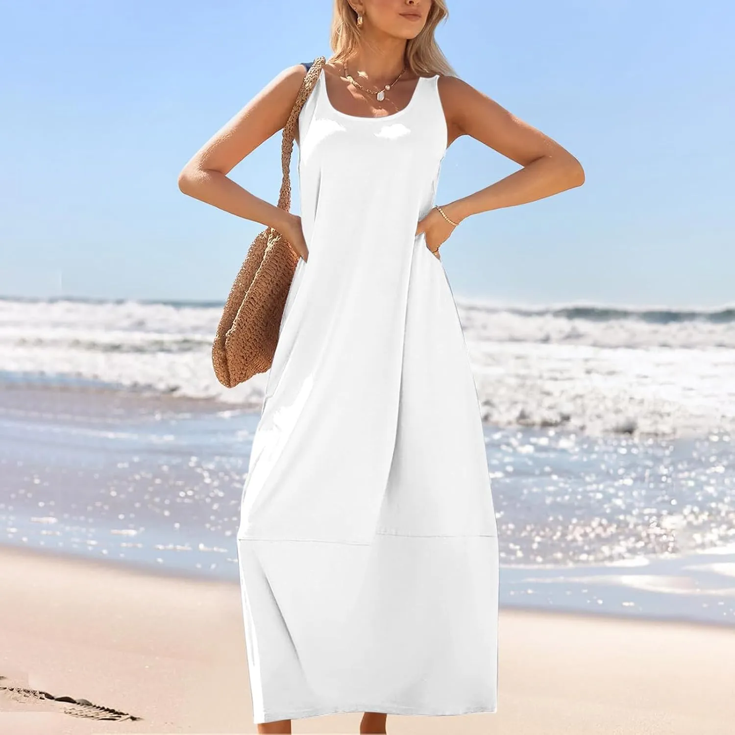 Summer Dresses for Women 2025,Dressy Casual Maxi Dresses Beach Vacation Scoop Neck Solid Spring undresses