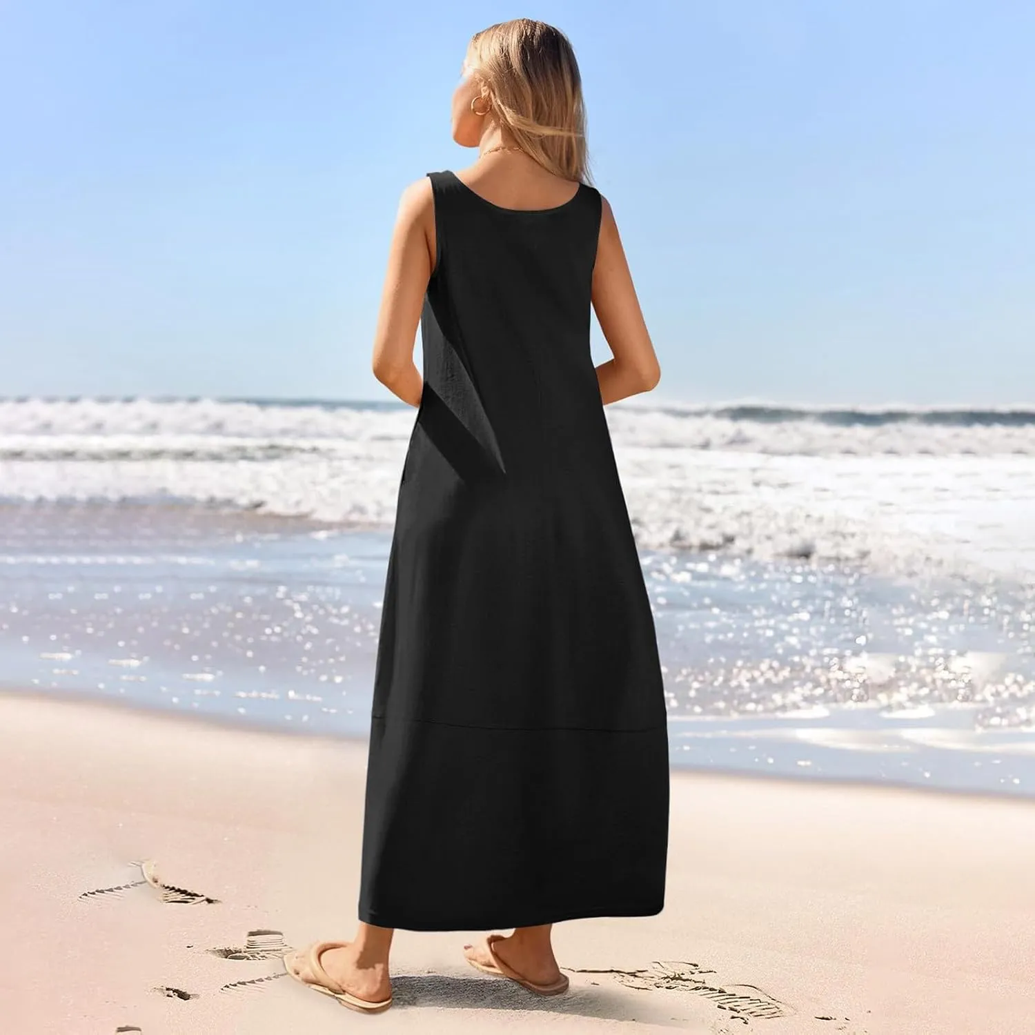 Summer Dresses for Women 2025,Dressy Casual Maxi Dresses Beach Vacation Scoop Neck Solid Spring undresses