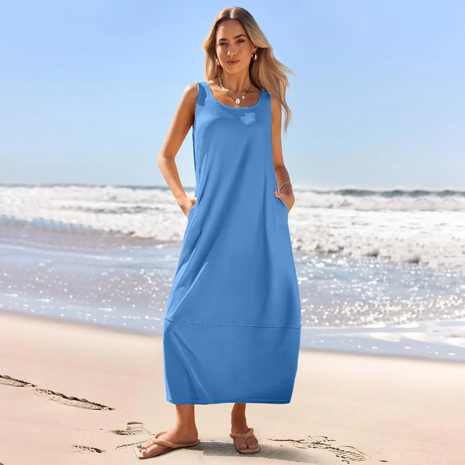 Summer Dresses for Women 2025,Dressy Casual Maxi Dresses Beach Vacation Scoop Neck Solid Spring undresses