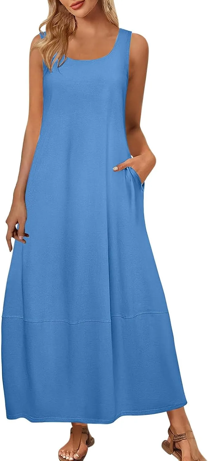 Summer Dresses for Women 2025,Dressy Casual Maxi Dresses Beach Vacation Scoop Neck Solid Spring undresses