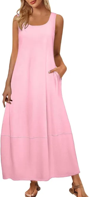 Summer Dresses for Women 2025,Dressy Casual Maxi Dresses Beach Vacation Scoop Neck Solid Spring undresses