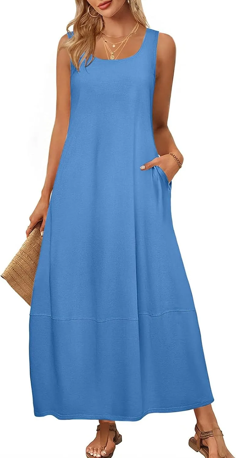 Summer Dresses for Women 2025,Dressy Casual Maxi Dresses Beach Vacation Scoop Neck Solid Spring undresses