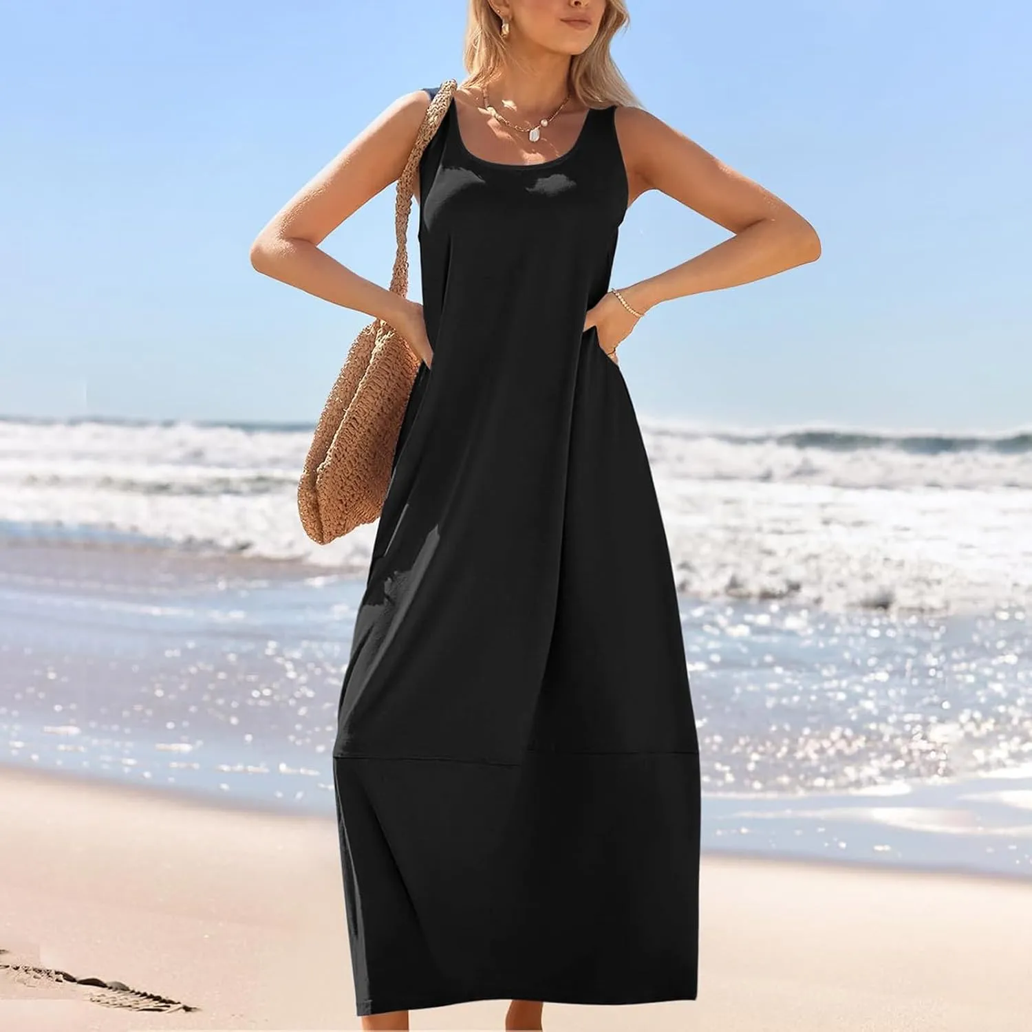 Summer Dresses for Women 2025,Dressy Casual Maxi Dresses Beach Vacation Scoop Neck Solid Spring undresses