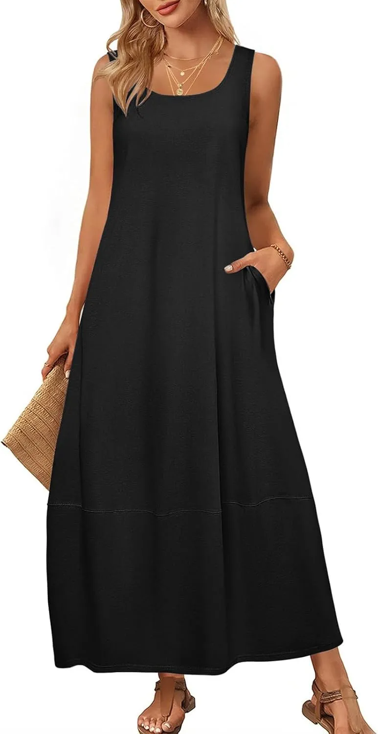 Summer Dresses for Women 2025,Dressy Casual Maxi Dresses Beach Vacation Scoop Neck Solid Spring undresses