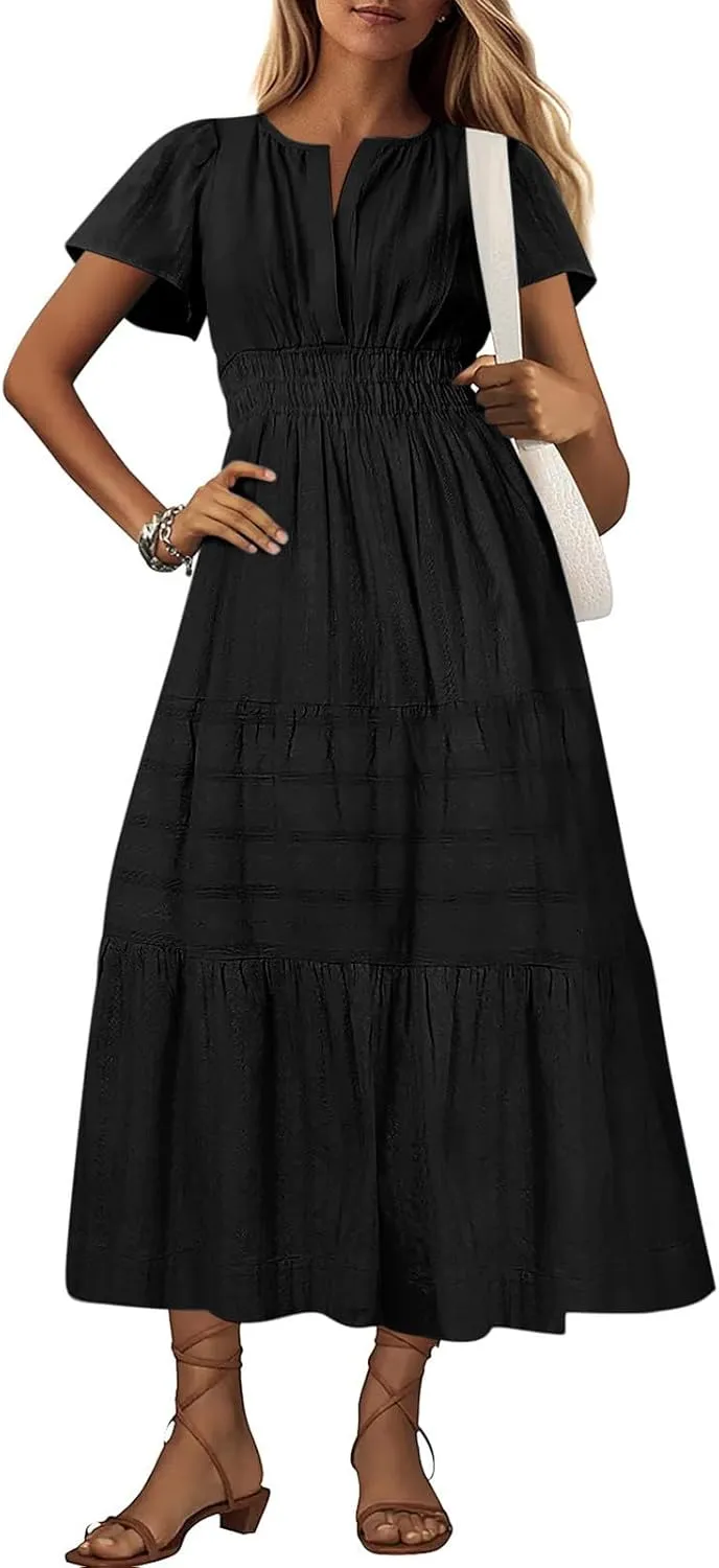 Summer Dresses for Women 2025,Lightweight Boho Maxi Dresses Beach Vacation Loose fit Smocked Sun Dresses