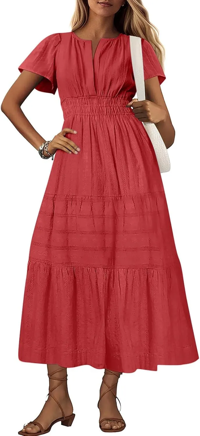 Summer Dresses for Women 2025,Lightweight Boho Maxi Dresses Beach Vacation Loose fit Smocked Sun Dresses