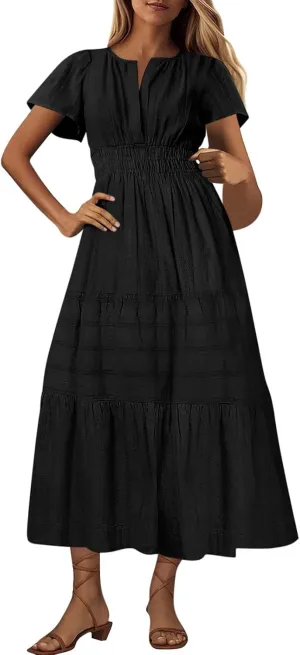 Summer Dresses for Women 2025,Lightweight Boho Maxi Dresses Beach Vacation Loose fit Smocked Sun Dresses