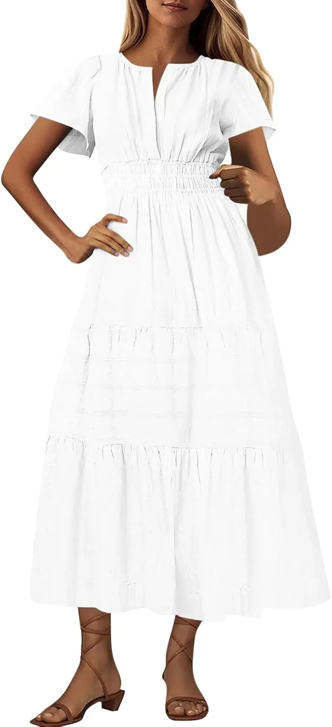 Summer Dresses for Women 2025,Lightweight Boho Maxi Dresses Beach Vacation Loose fit Smocked Sun Dresses