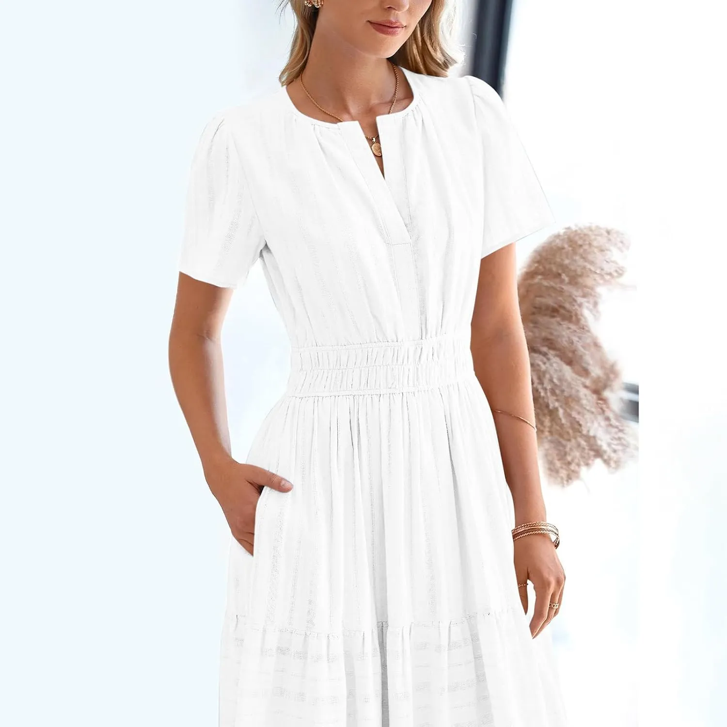 Summer Dresses for Women 2025,Lightweight Boho Maxi Dresses Beach Vacation Loose fit Smocked Sun Dresses