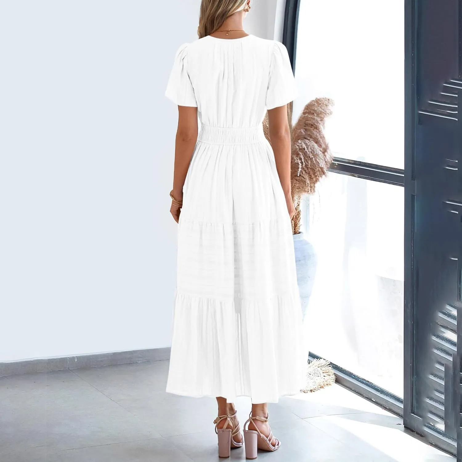 Summer Dresses for Women 2025,Lightweight Boho Maxi Dresses Beach Vacation Loose fit Smocked Sun Dresses
