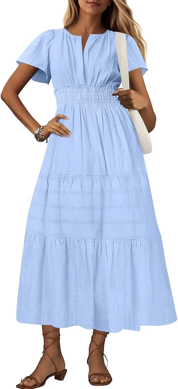 Summer Dresses for Women 2025,Lightweight Boho Maxi Dresses Beach Vacation Loose fit Smocked Sun Dresses