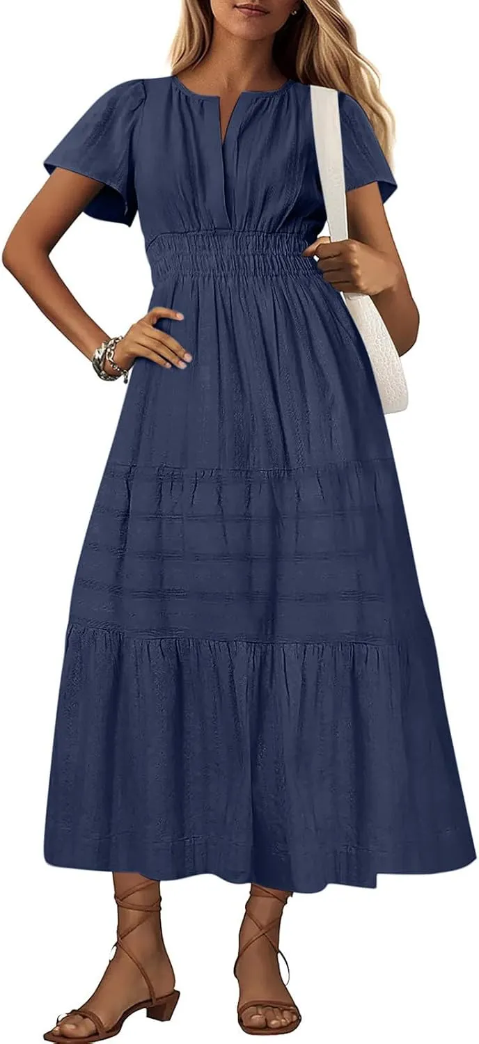 Summer Dresses for Women 2025,Lightweight Boho Maxi Dresses Beach Vacation Loose fit Smocked Sun Dresses