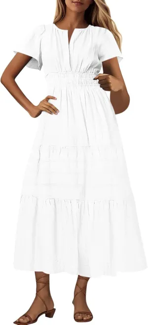Summer Dresses for Women 2025,Lightweight Boho Maxi Dresses Beach Vacation Loose fit Smocked Sun Dresses
