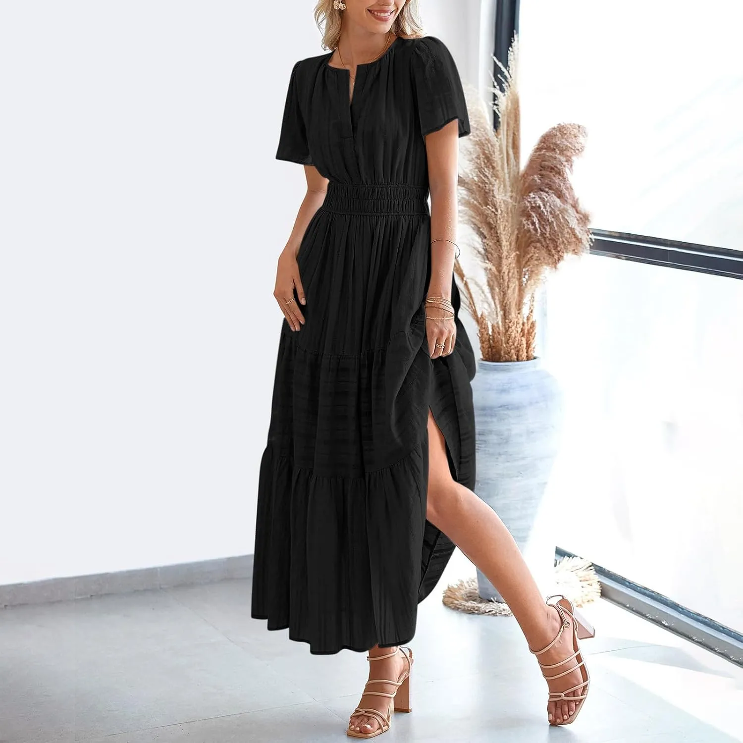 Summer Dresses for Women 2025,Lightweight Boho Maxi Dresses Beach Vacation Loose fit Smocked Sun Dresses