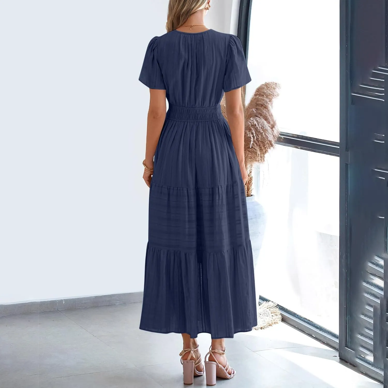 Summer Dresses for Women 2025,Lightweight Boho Maxi Dresses Beach Vacation Loose fit Smocked Sun Dresses
