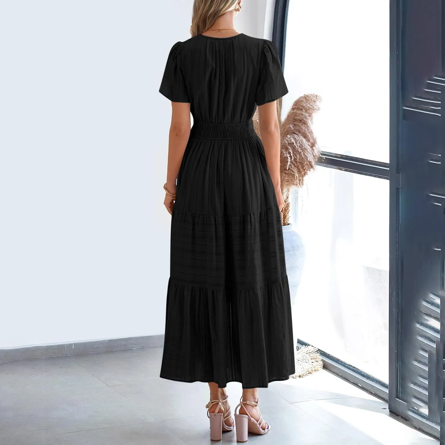 Summer Dresses for Women 2025,Lightweight Boho Maxi Dresses Beach Vacation Loose fit Smocked Sun Dresses