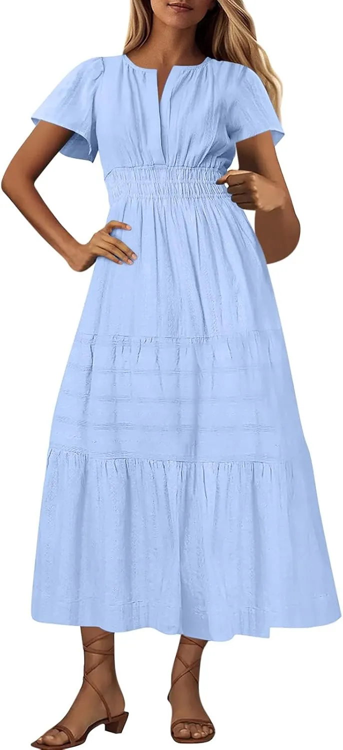 Summer Dresses for Women 2025,Lightweight Boho Maxi Dresses Beach Vacation Loose fit Smocked Sun Dresses