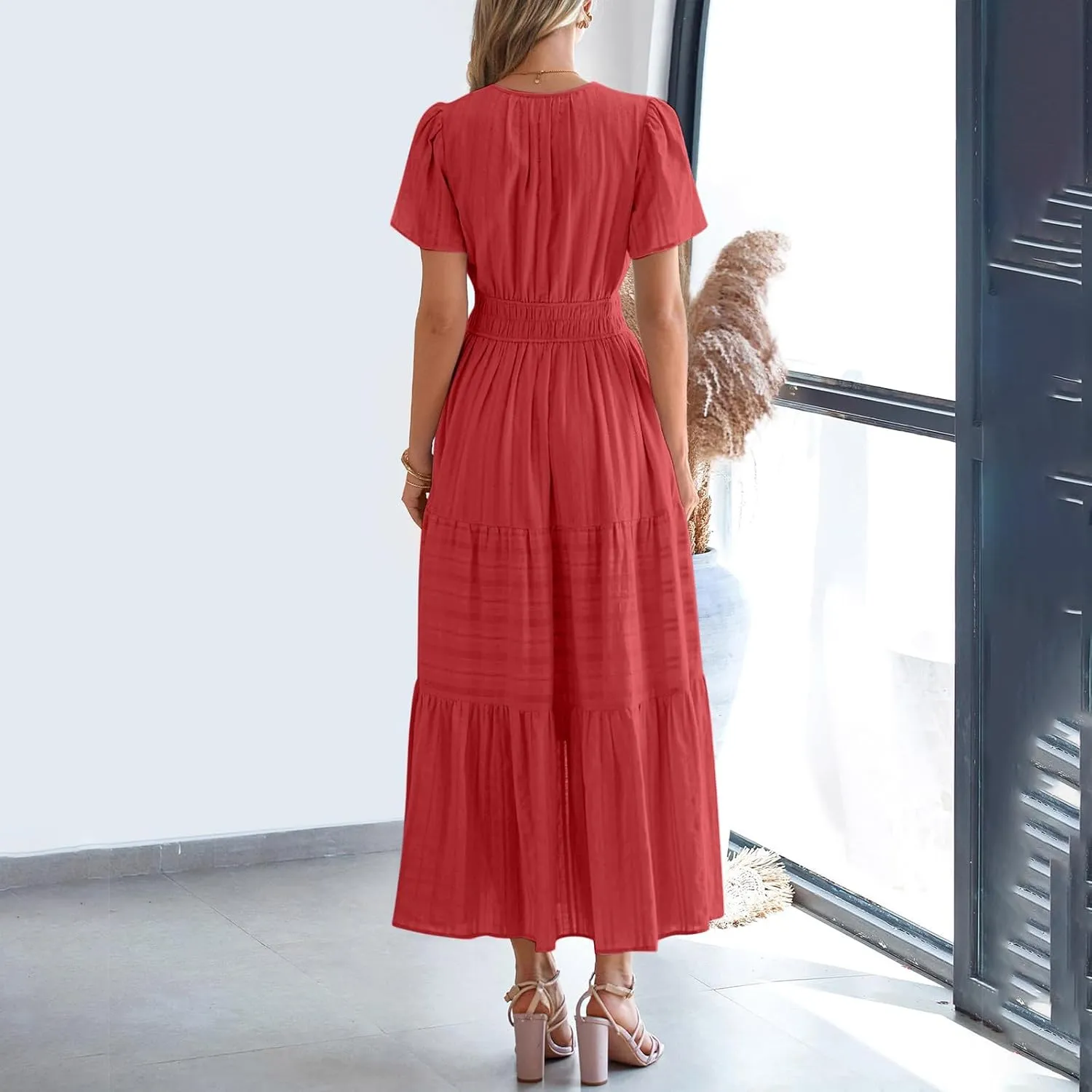 Summer Dresses for Women 2025,Lightweight Boho Maxi Dresses Beach Vacation Loose fit Smocked Sun Dresses