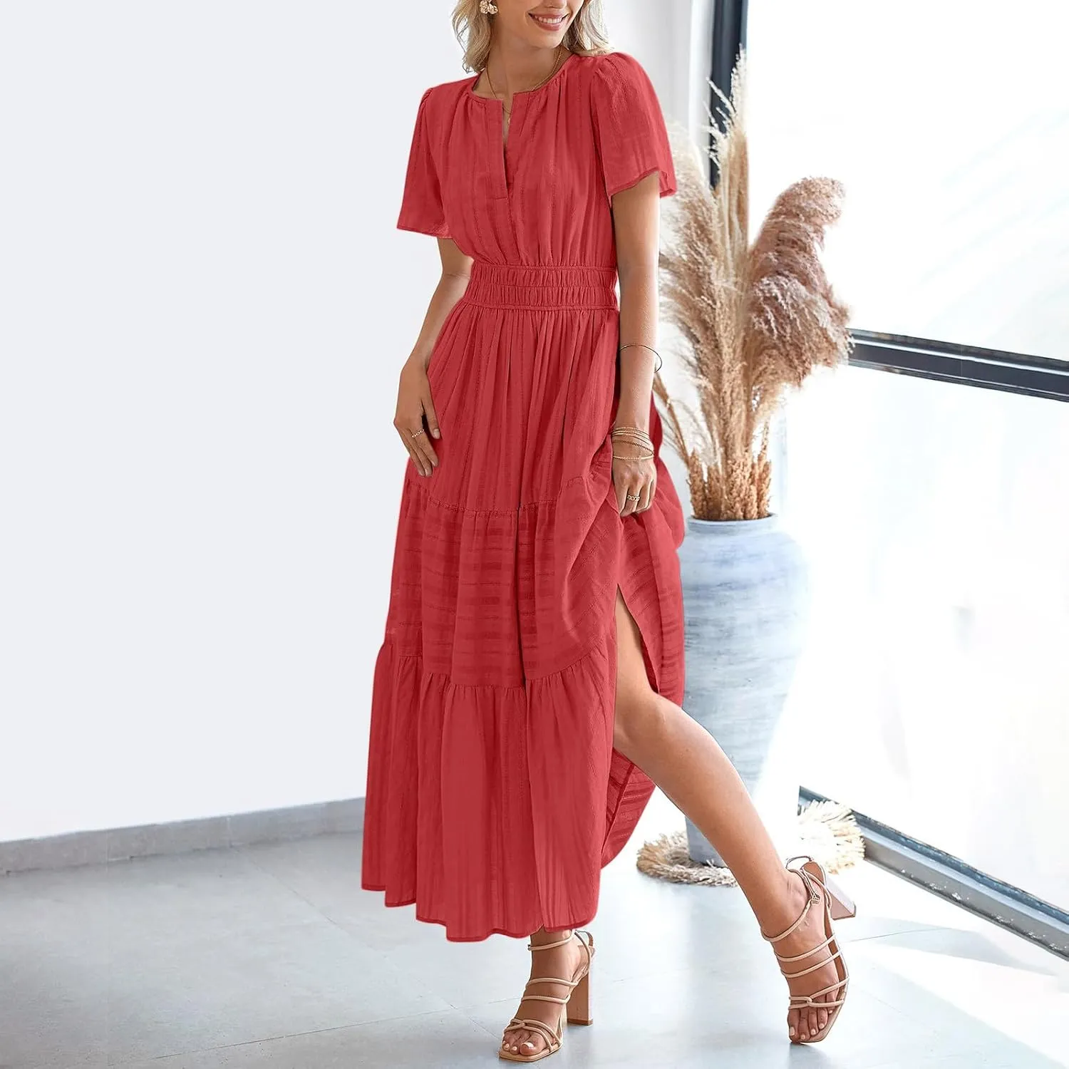 Summer Dresses for Women 2025,Lightweight Boho Maxi Dresses Beach Vacation Loose fit Smocked Sun Dresses