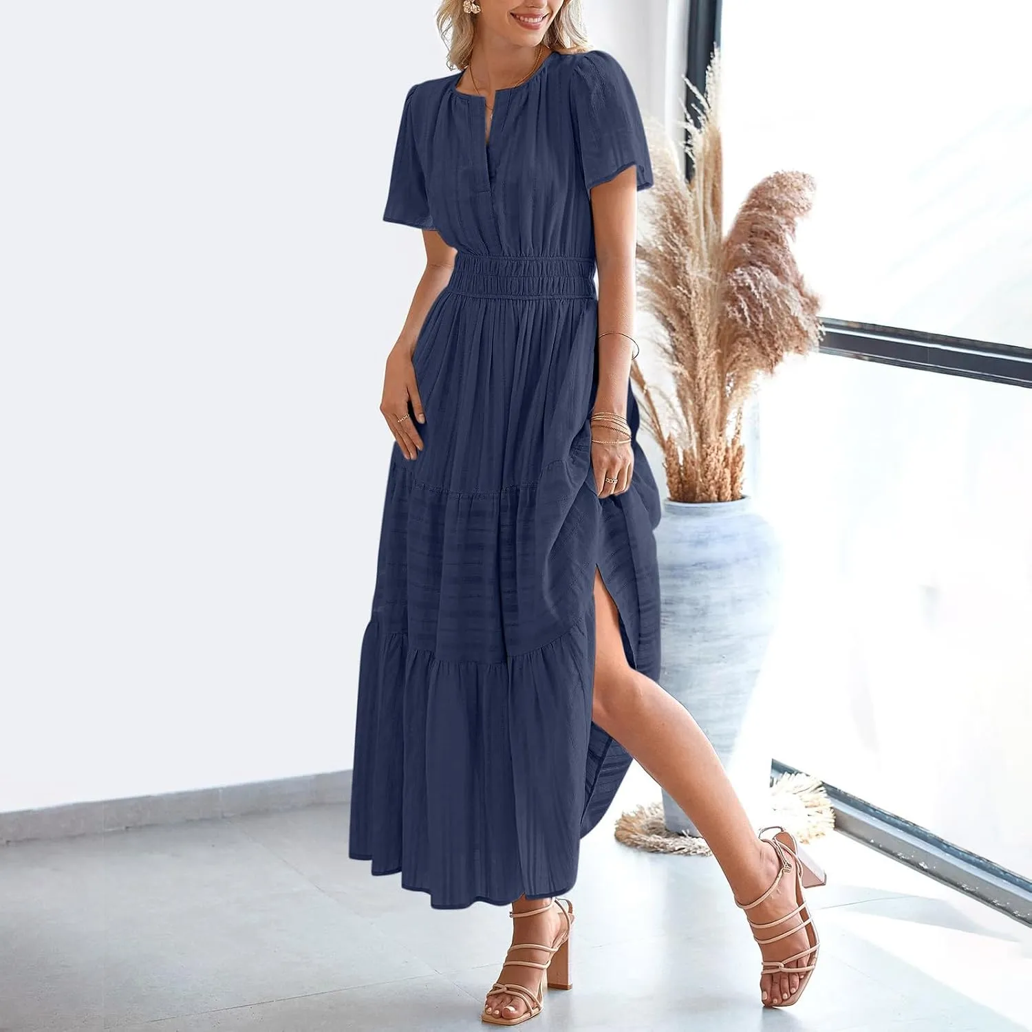 Summer Dresses for Women 2025,Lightweight Boho Maxi Dresses Beach Vacation Loose fit Smocked Sun Dresses