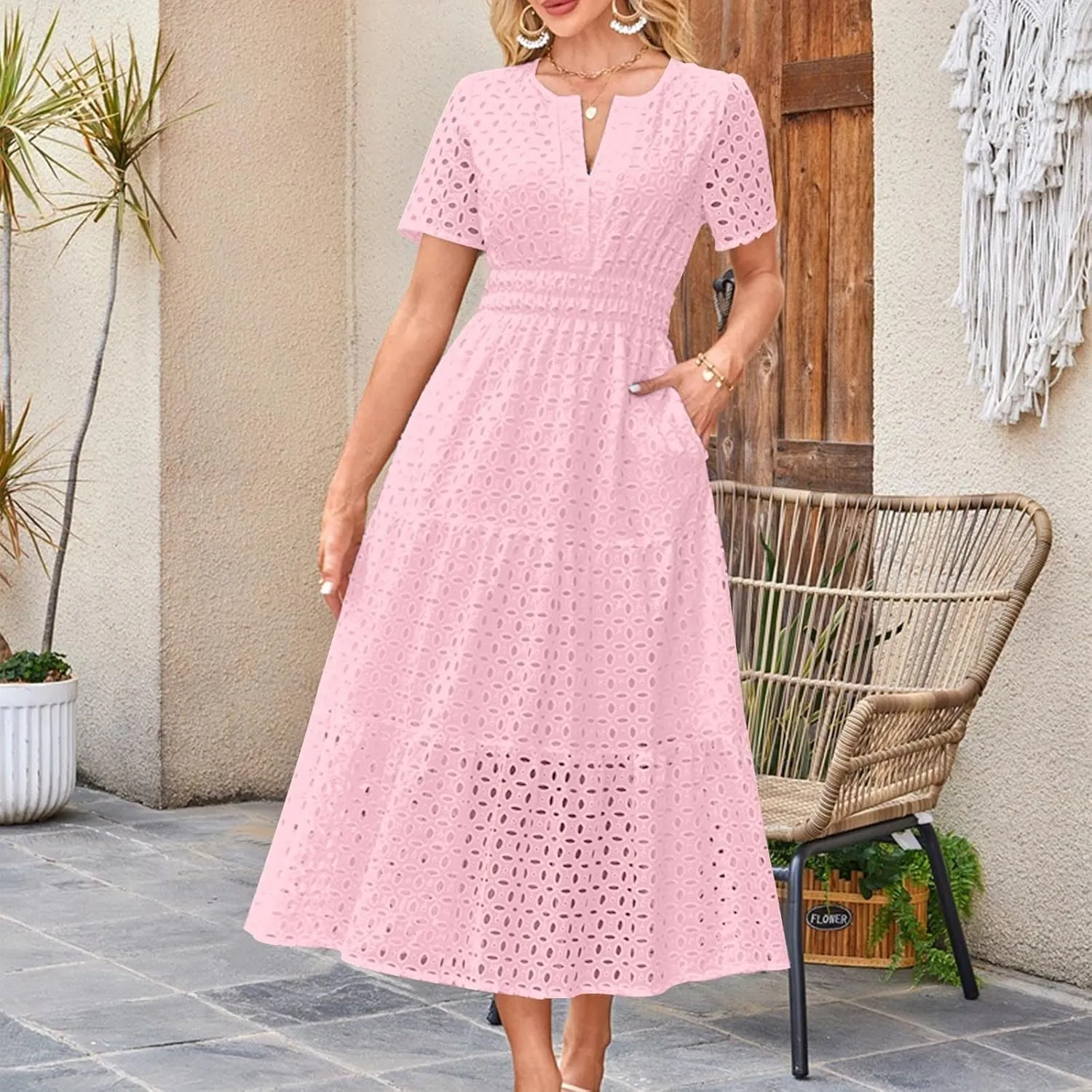 Summer Dresses for Women 2025,Short Sleeve Eyelet Dress Boho Dressy Casual Long Maxi Dresses with Pockets