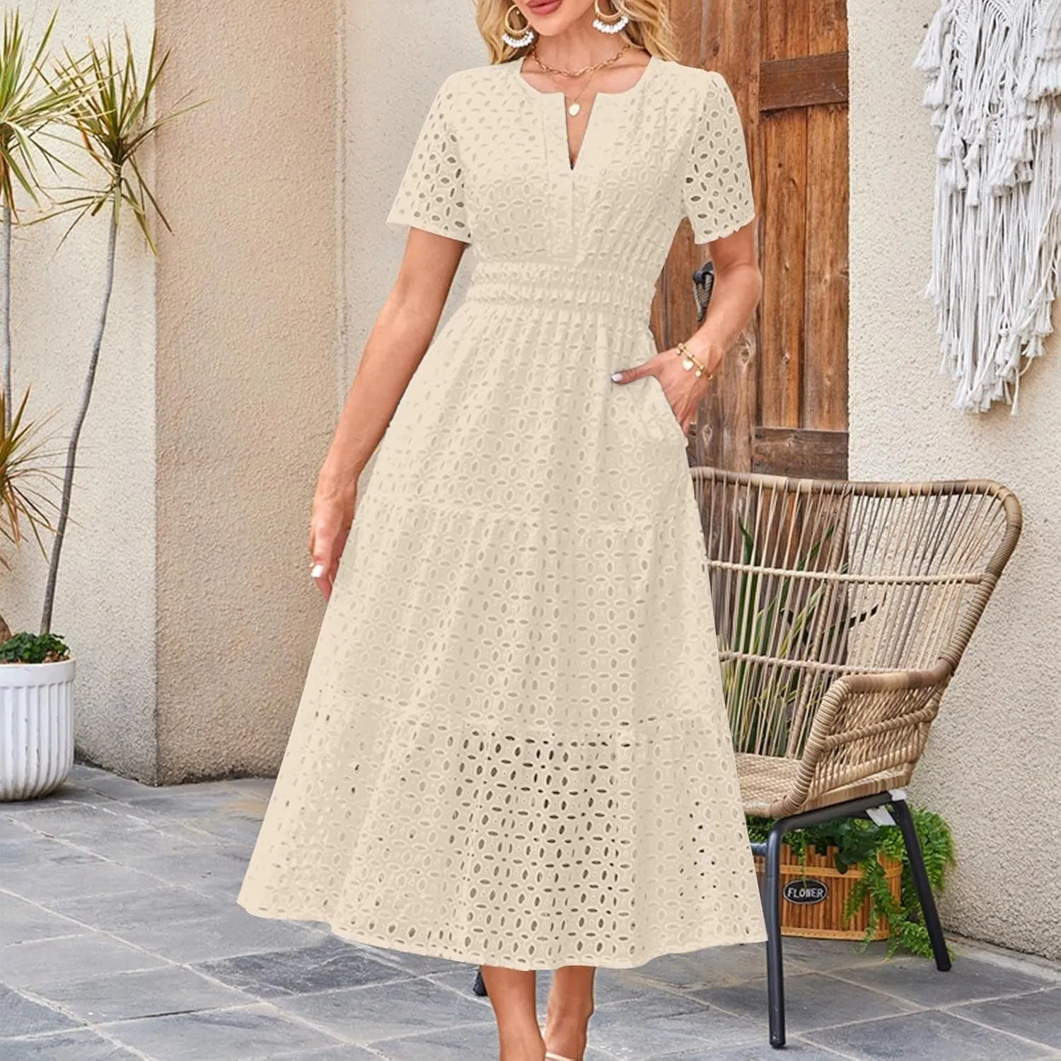 Summer Dresses for Women 2025,Short Sleeve Eyelet Dress Boho Dressy Casual Long Maxi Dresses with Pockets