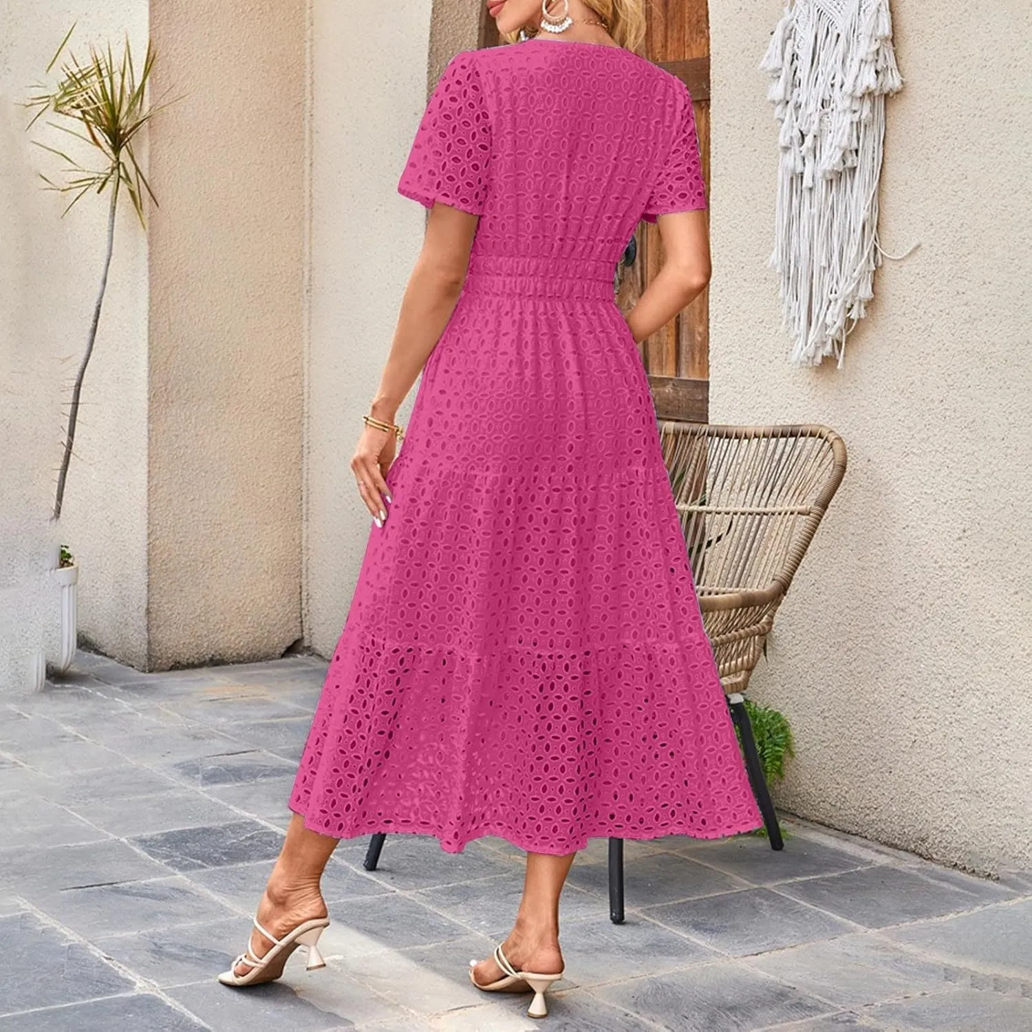 Summer Dresses for Women 2025,Short Sleeve Eyelet Dress Boho Dressy Casual Long Maxi Dresses with Pockets