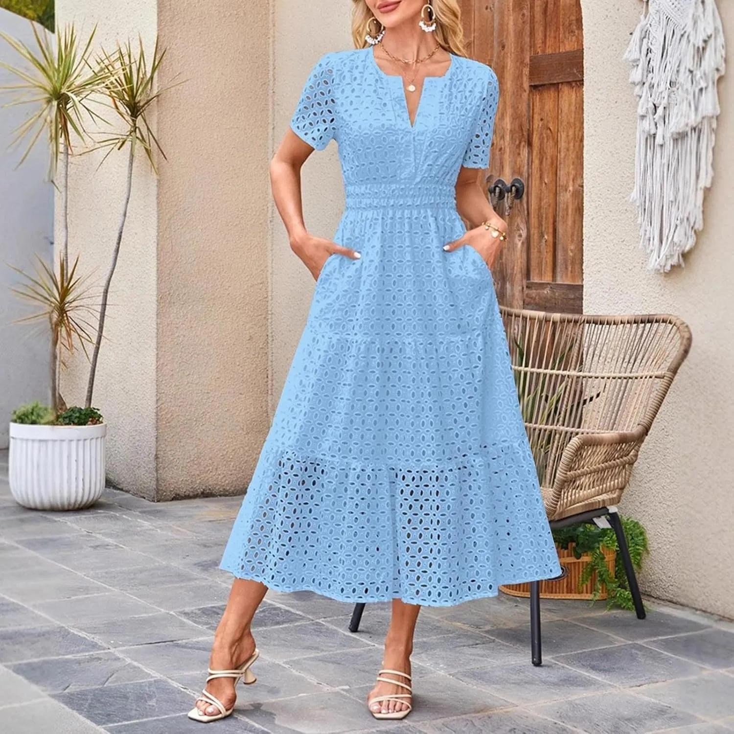 Summer Dresses for Women 2025,Short Sleeve Eyelet Dress Boho Dressy Casual Long Maxi Dresses with Pockets