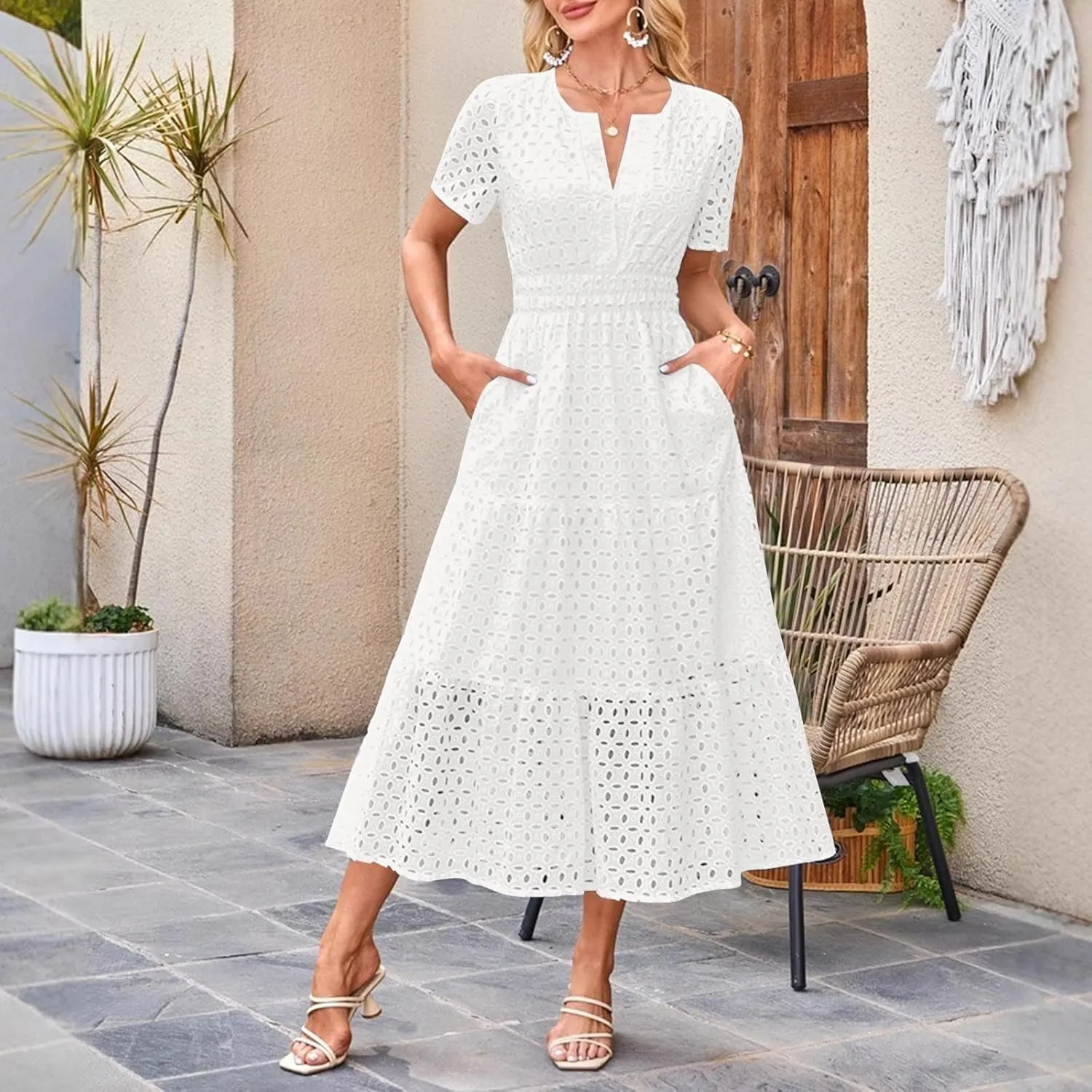 Summer Dresses for Women 2025,Short Sleeve Eyelet Dress Boho Dressy Casual Long Maxi Dresses with Pockets