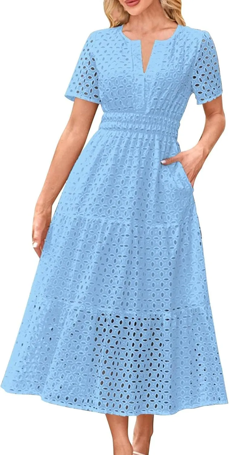 Summer Dresses for Women 2025,Short Sleeve Eyelet Dress Boho Dressy Casual Long Maxi Dresses with Pockets