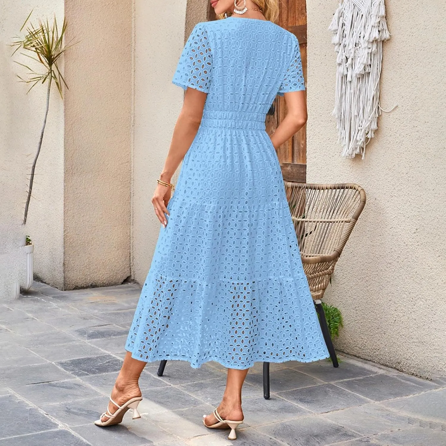 Summer Dresses for Women 2025,Short Sleeve Eyelet Dress Boho Dressy Casual Long Maxi Dresses with Pockets