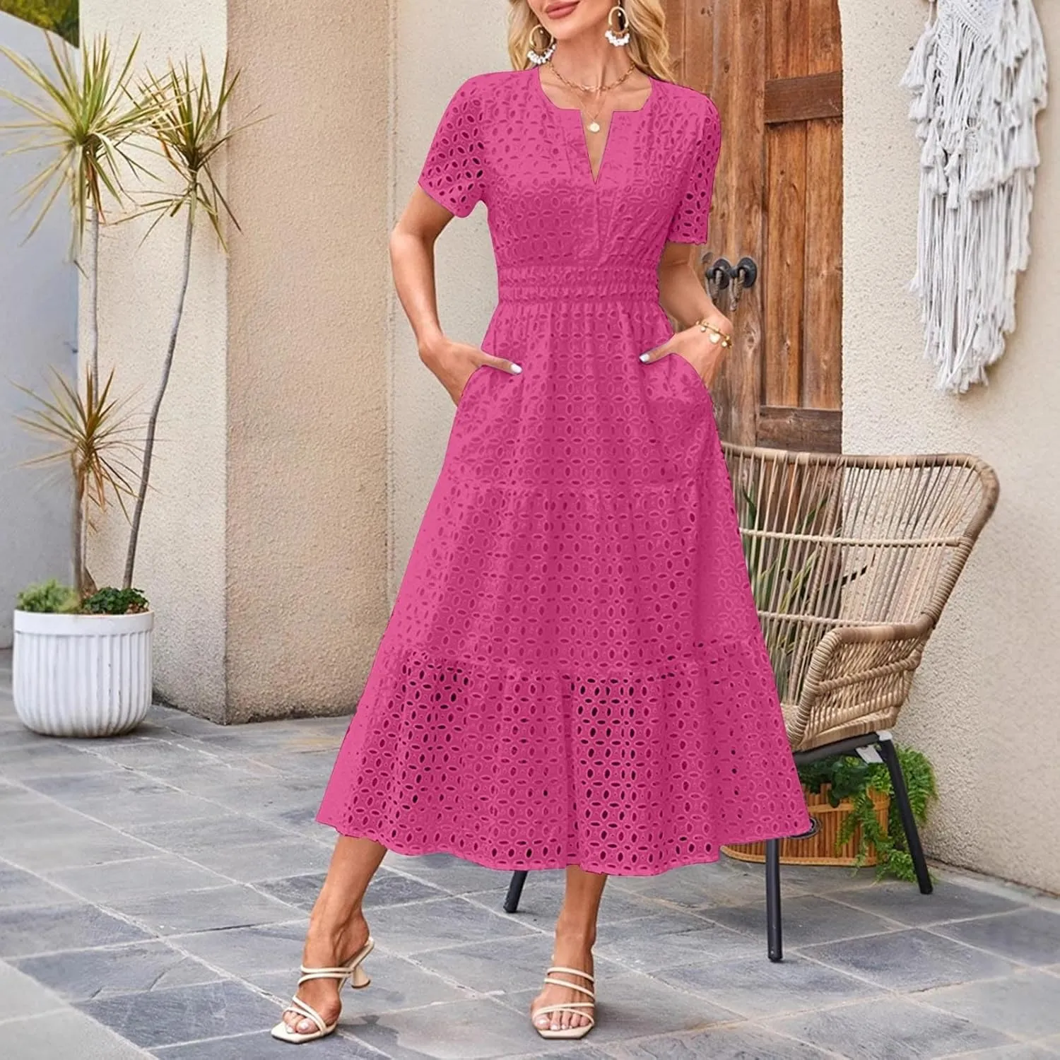 Summer Dresses for Women 2025,Short Sleeve Eyelet Dress Boho Dressy Casual Long Maxi Dresses with Pockets