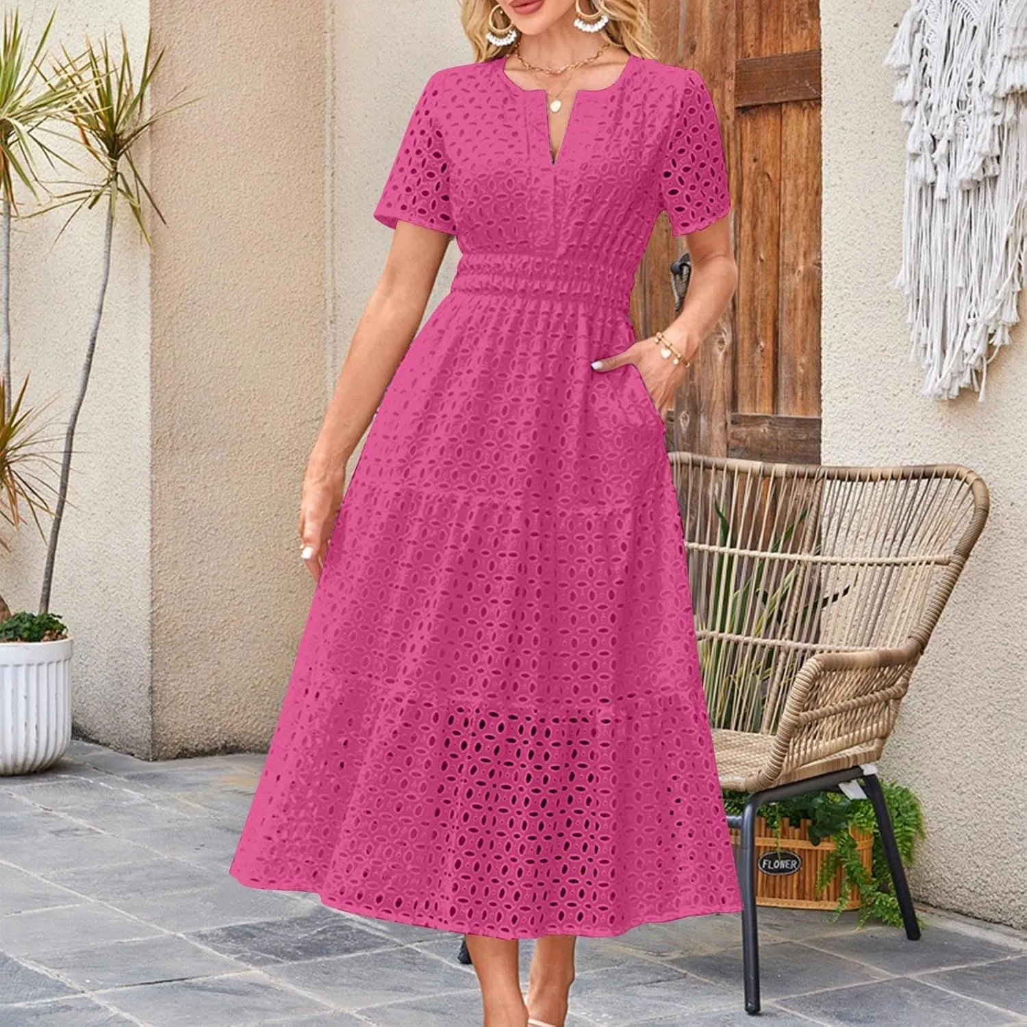 Summer Dresses for Women 2025,Short Sleeve Eyelet Dress Boho Dressy Casual Long Maxi Dresses with Pockets
