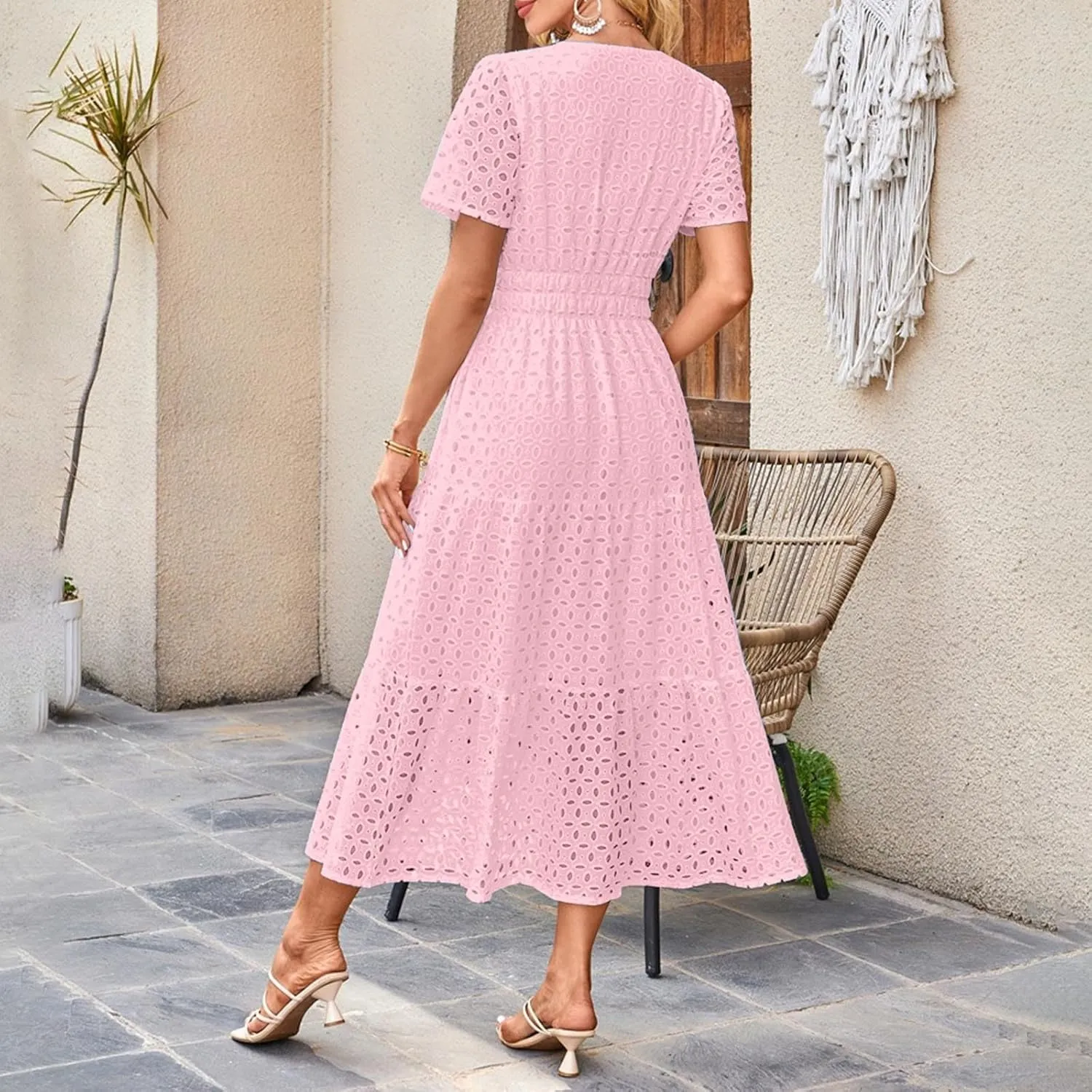 Summer Dresses for Women 2025,Short Sleeve Eyelet Dress Boho Dressy Casual Long Maxi Dresses with Pockets