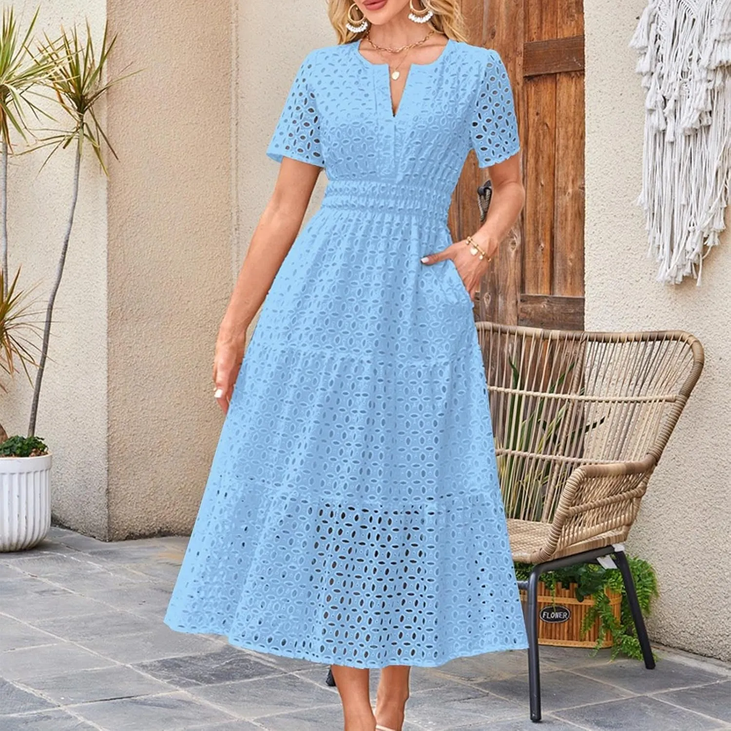 Summer Dresses for Women 2025,Short Sleeve Eyelet Dress Boho Dressy Casual Long Maxi Dresses with Pockets