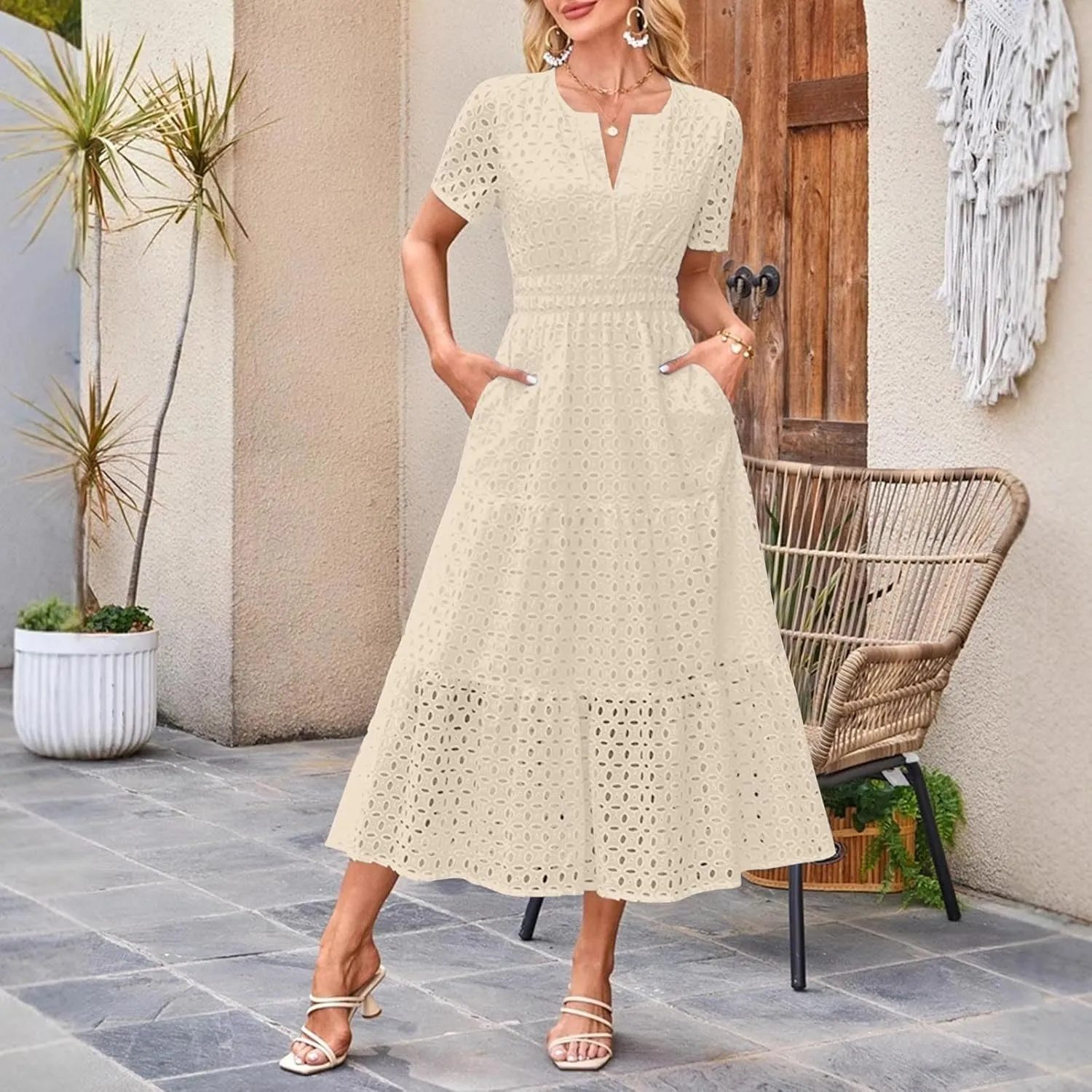 Summer Dresses for Women 2025,Short Sleeve Eyelet Dress Boho Dressy Casual Long Maxi Dresses with Pockets