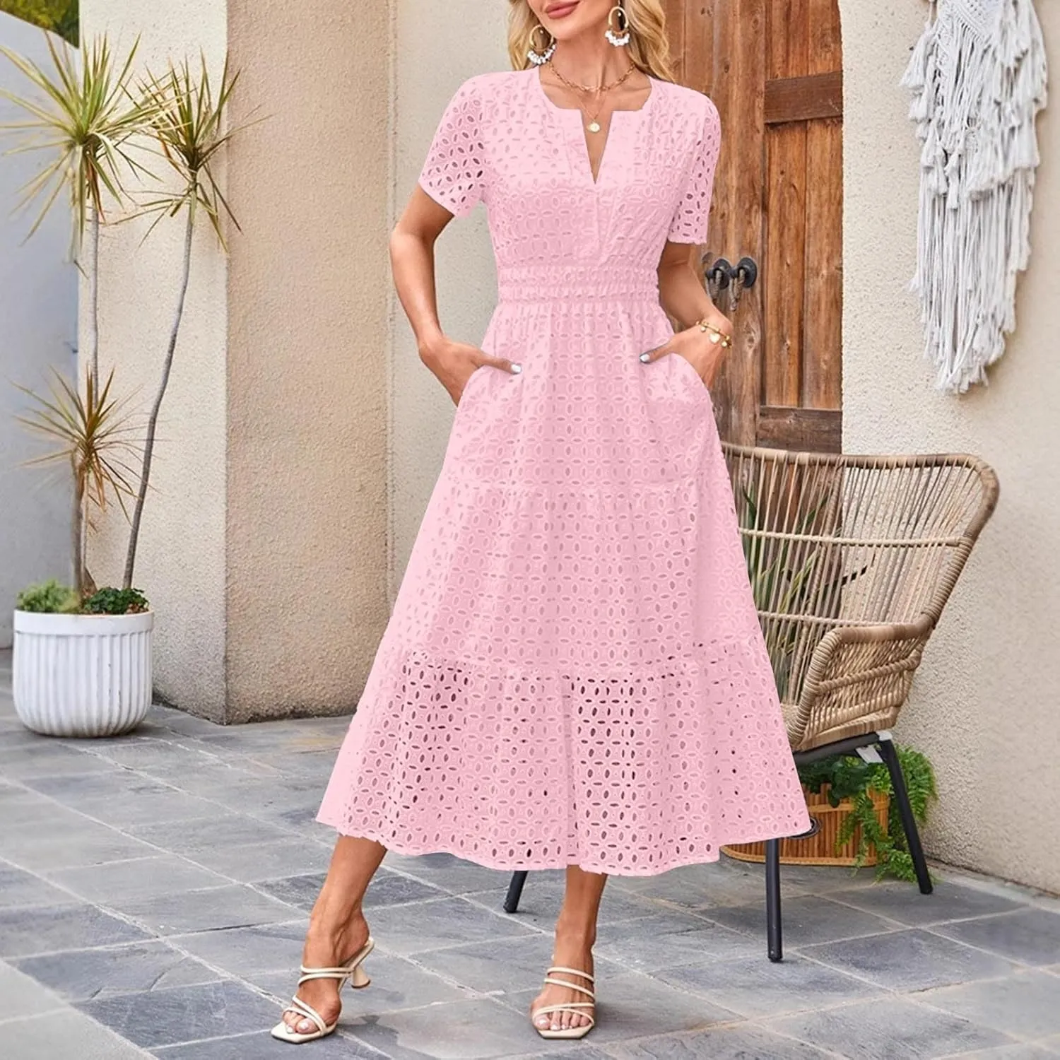 Summer Dresses for Women 2025,Short Sleeve Eyelet Dress Boho Dressy Casual Long Maxi Dresses with Pockets