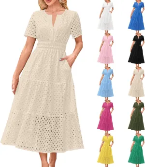 Summer Dresses for Women 2025,Short Sleeve Eyelet Dress Boho Dressy Casual Long Maxi Dresses with Pockets