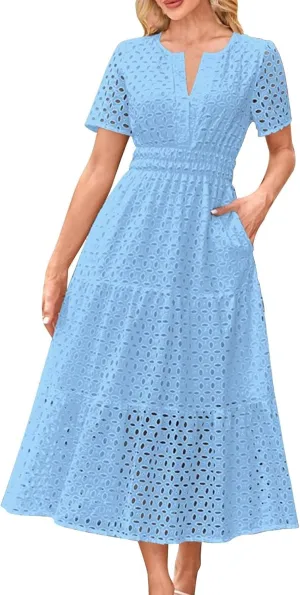 Summer Dresses for Women 2025,Short Sleeve Eyelet Dress Boho Dressy Casual Long Maxi Dresses with Pockets