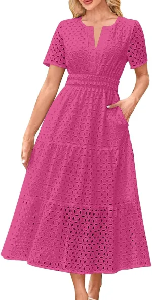Summer Dresses for Women 2025,Short Sleeve Eyelet Dress Boho Dressy Casual Long Maxi Dresses with Pockets