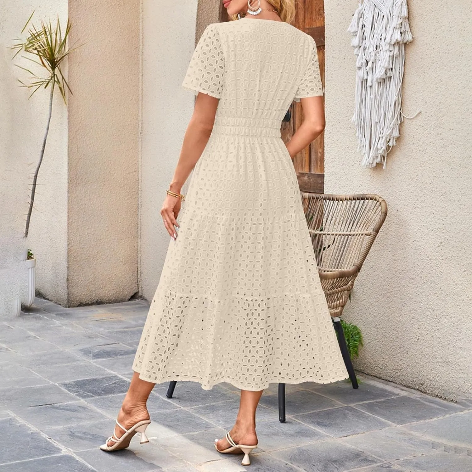 Summer Dresses for Women 2025,Short Sleeve Eyelet Dress Boho Dressy Casual Long Maxi Dresses with Pockets